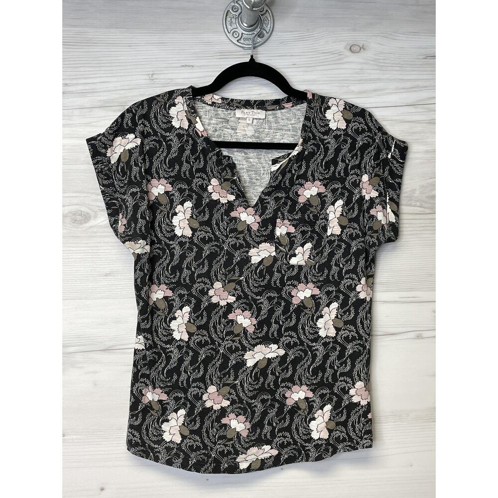 Part Two Shirt Womens Small Black Pink Kedita TS Floral Pattern Short Sleeve Top